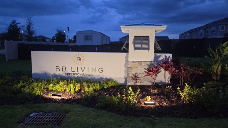 Illuminated BB Living Epperson Ranch community entrance sign with SolarPath solar lighting