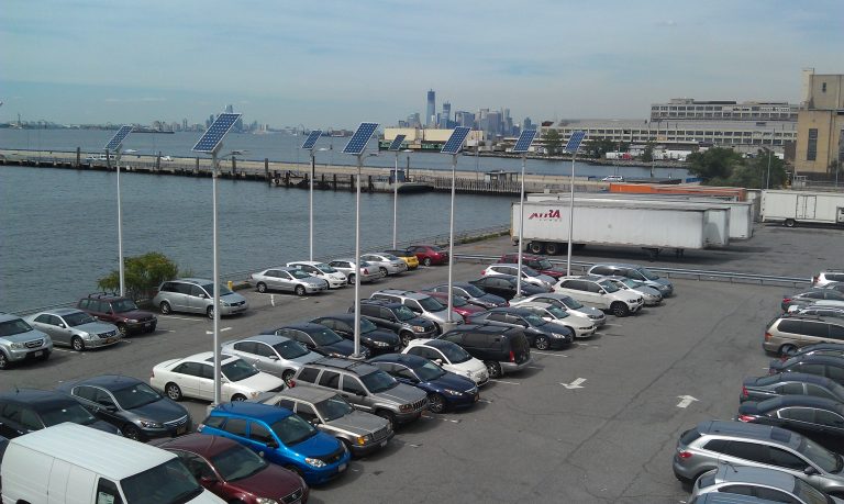 Solar parking lot lights at a New York City waterfront lot